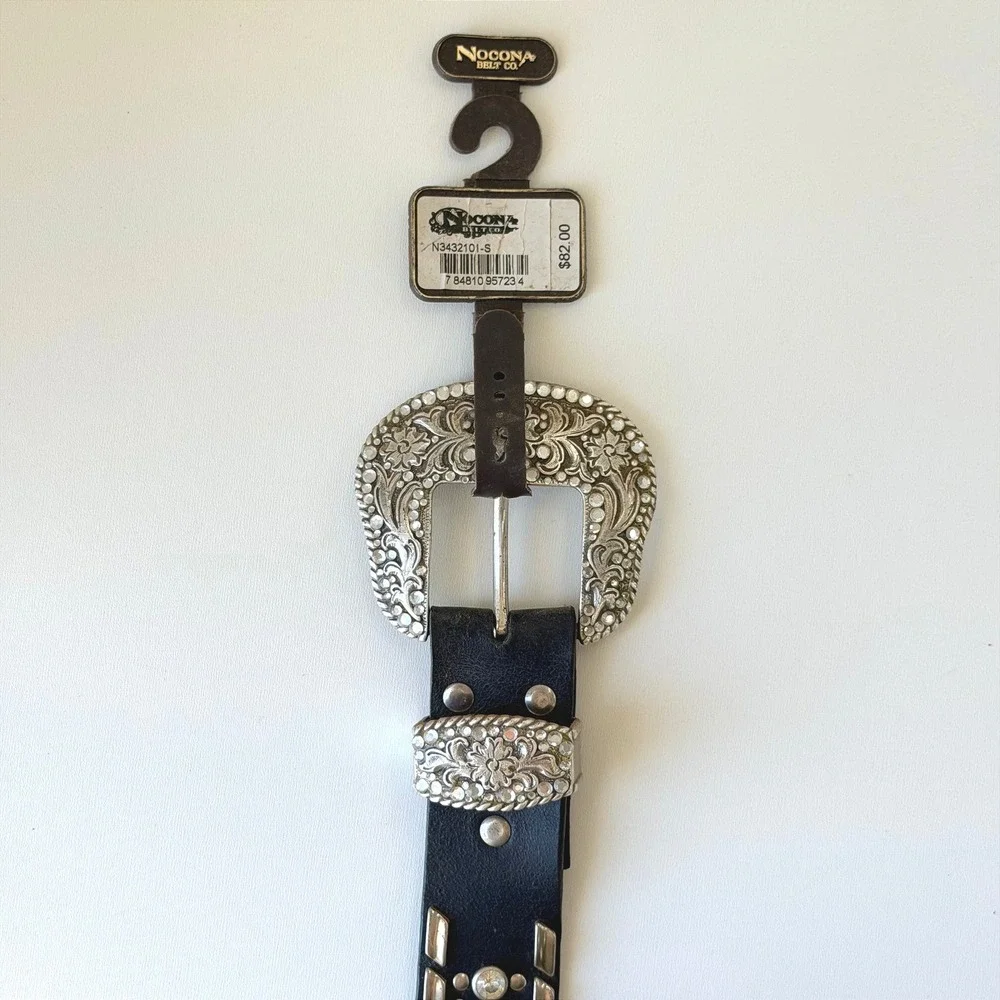 Vintage Nocona Belt Women Small Black Western‎ Rhinestone Studded Leather NWT